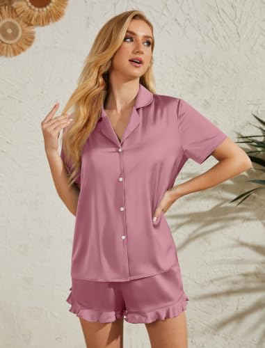 Image of Silk Pajamas for Women Satin Womens Pajama Sets Short Sleeve Set 2-Piece Sleepwear