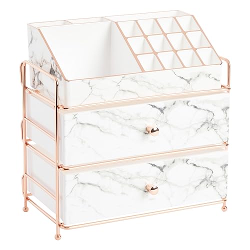 Glamlily White Marble Makeup Organizer with Rose Gold Trim, Cosmetic Storage Drawers for Vanity (9.5 x 9.5 x 5.5 in) - Make Up Organizers for Vanity
