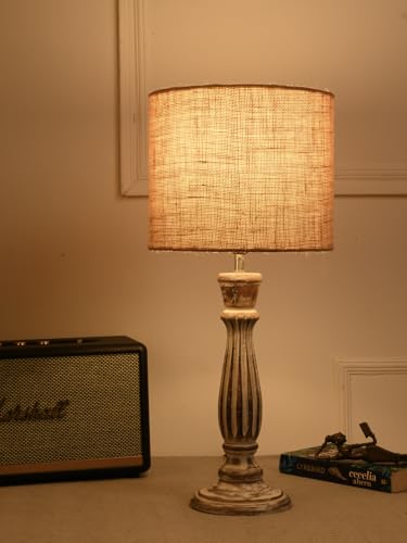 Image of Green Girgit Athens Wooden Lamp in Distress White Color with Jute Brown Shade, Farmhouse Table Lamp with Burlap Shade, Distressed White Base, Vintage Style (LED Bulb Included)