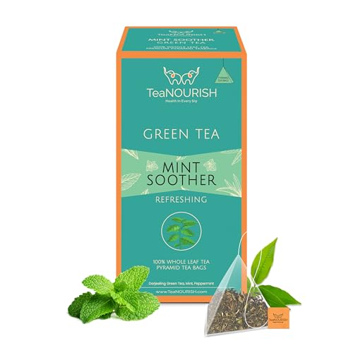 TeaNOURISH Mint Soother Green Tea | 20 Count Pyramid Tea Bags | Darjeeling Whole Leaves | Blended with Fresh Mint & Peppermint Leaves | Refreshing & Calming Tea