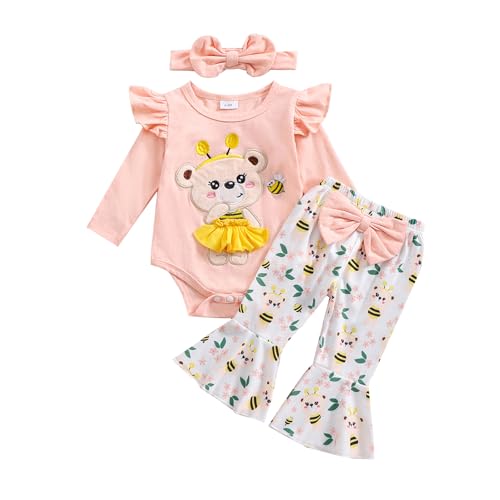Newborn Infant Baby Girl Outfits Ruffle Bear Long Sleeve Romper Bodysuit Tops Flared Pants Set Bell Bottom Clothes