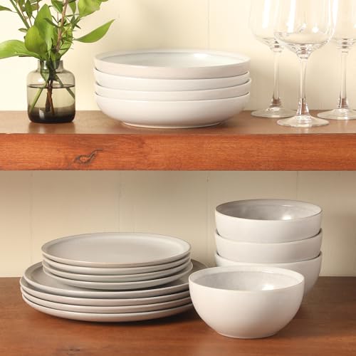 Image of Gibson Elite Beckett Stoneware Matte Reactive Glaze 16 Piece (Service for 4) Plates and Bowls Dinnerware Set - Linen White
