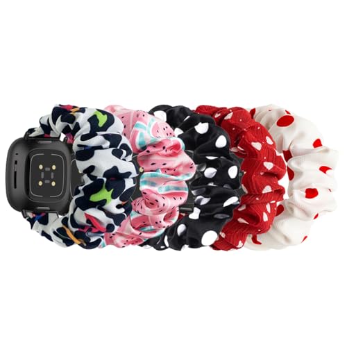 5-Pack Scrunchie Bands Compatible with Fitbit Versa 4/Sense 2 Band, Soft Elastic Fabric Wristband Strap, Pattern Replacement Bracelet for Versa 3/Sense for Women Girls (Pack-5E, Large)