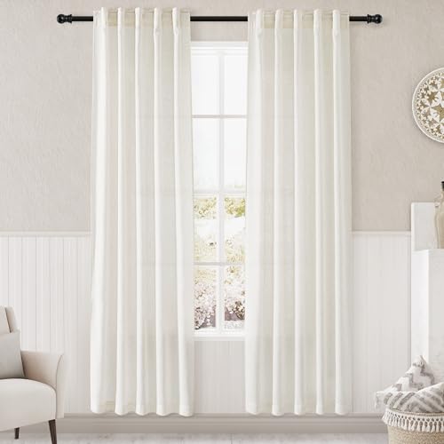 Image of Natural Linen Curtains 80 Inch Length 2 Panel Set Thermal Insulated Back Tab Drapes for Bedroom Living Room Classroom Semi Sheer Privacy Light Filtering Windows 40x80 Inch