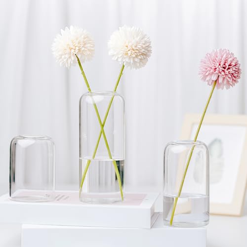 Winter Shore Juego de Floreros Cristal (Pack de 3) - Jarron Cristal Decoracion Pequeño, Mediano y Grande - Florero Cilíndrico Minimalista - Juego de Floreros Transparentes Decorativos para la Mesa