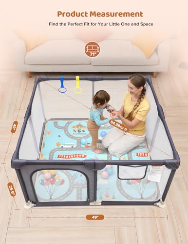 Image of Dripex Baby Playpen with Mat, 47 inchx47 inch Small Play Pen for Babies, Grey | Included Waterproof Mat / Pull up Rings, Breathable Visible Mesh, Anti-Fall Design, Easy Setup, Indoor /Outdoor Use