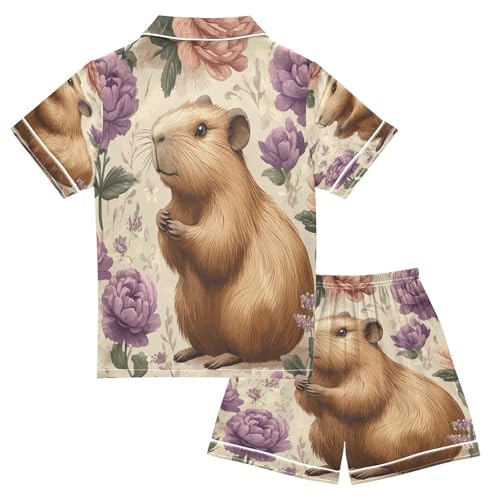 Satin Pajama Sets Short Sleeve Floral Guinea Pig Pattern Button Down Silky Nightwear 2 Piece PJS 5-14Y2