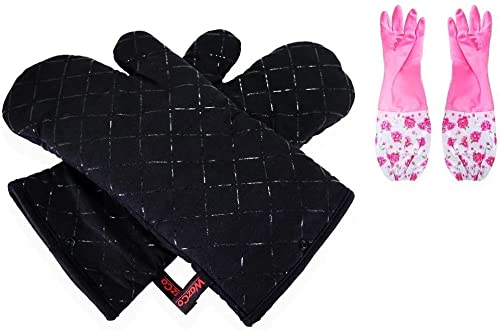 WazCo Oven Gloves Black Dust Resistant Cotton Mitts Extra Long Non Slip Heat Resistant Durable with Snap Button Double Mittens for Baking Cooking Grilling BBQ and Bonus Washing Up Gloves Pair of Each