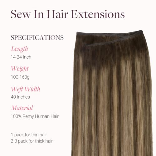 Image of GOO GOO Sew in Hair Extensions Real Human Hair, Weft Hair Extensions Human Hair, 4 /27 /4 Balayage Chocolate Brown to Caramel Blonde 14inch 100g, Weft Bundles Straight Silky Remy Hair