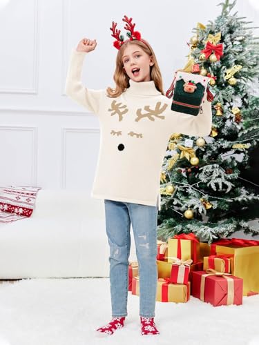 Image of Haloumoning Girls Christmas Sweater Kids Oversized Turtleneck Cute Reindeer Sweaters with Side Slit