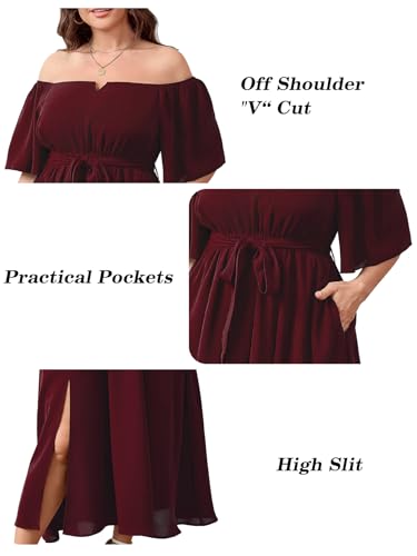 Image of SCOMCHIC Womens Plus Size Formal Dresses Off The Shoulder Wedding Guest Cocktail A-Line Split Maxi Dress with Pockets