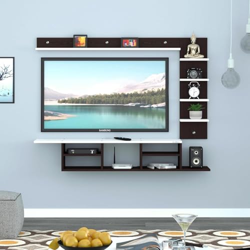 Image of Anikaa Engineered Wood LED Light Wall Mounted TV Unit Wall TV Cabinet With Shelves Display Unit For Living Room, Set Top Box Stand - Wenge /White (D.I.Y - Do-It-Yourself) Ideal For Up To 43 inch Inches