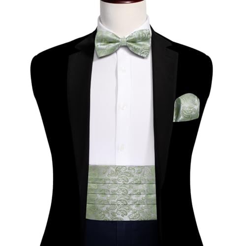Image of YOHOWA Men Cummerbund Bow Tie Set Silk Paisley Formal Pre-Tied Bowtie Pocket Square Cufflinks Wedding Party Prom