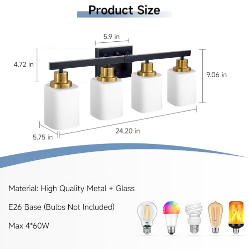 Image of 4-Light Vanity Light for Bathroom,Black and Gold Bathroom Light 24 inch | Bathroom Light Fixture with Square Frosted Glass, Wall Sconces fixtures Over Mirror Sink Restroom,Living Room Hallway