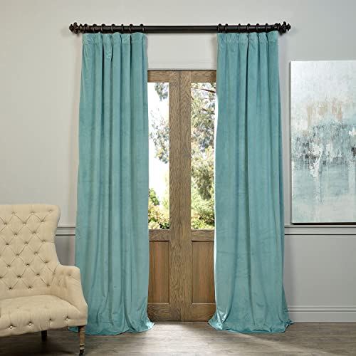 HPD Half Price Drapes Signature Blackout Velvet Curtains 84 Inch Long (1 Panel) 4-Pass Hotel Blackout Lined Window Curtains Thermal Blackout Curtains for Bedroom, Living Room, 50W x 84L, Aqua Mist
