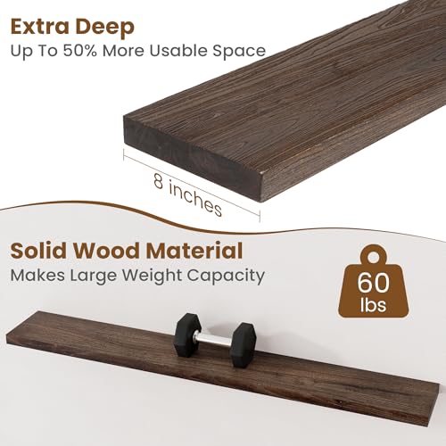 Image of Floating Shelves for Wall Decor, 8 Inch Deep Rustic Solid Elm Wood Floating Shelves Wall Mounted, Wall Shelves with Invisible Bracket for Living Room Bathroom Bedroom Kitchen, 55 Inch Set of 1, Walnut