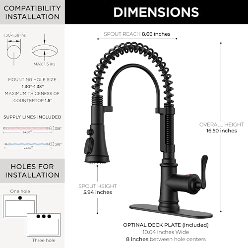 Image of FORIOUS Black Kitchen Faucet with Pull Down Sprayer, Stainless Steel Single Handle Spring Antique Kitchen Sink Faucet with Deck Plate for 1 or 3 Holes, Sutiable for Farmhouse, RV, Camper, Wet Bar