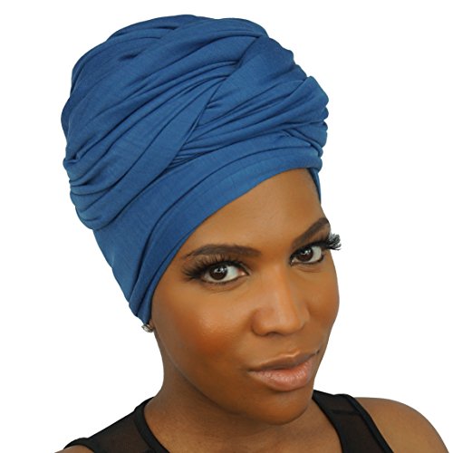 Stretch Head Wraps for Women | Extra Long Jersey Knit Turbans| Soft Cotton African Head wrap Scarf | DENIM BLEU