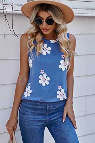 Ecrocoo Women Tank Tops Fashion Cute Sleeveless Round Neck Summer Loose Casual Vests Girls Blouses Shirt,Sky Blue L #TOP2