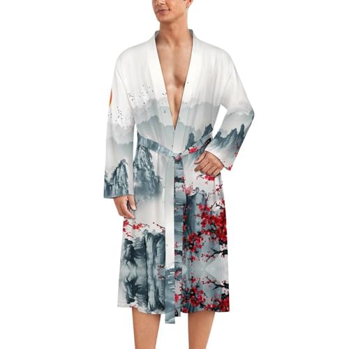 Chinese Mountain Lake Flower Blossom Tree Sun Funny Men's Robe Soft Lightweight Bathrobe Long-sleeve Spa Robes