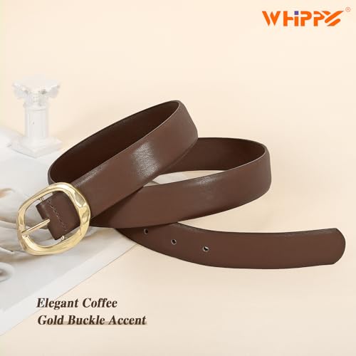 WHIPPY Leather Belt for Women Casual Waist Belt with Gold Buckle Fashion Ladies Belt for Jeans Pants Dress,Coffee Gold,S