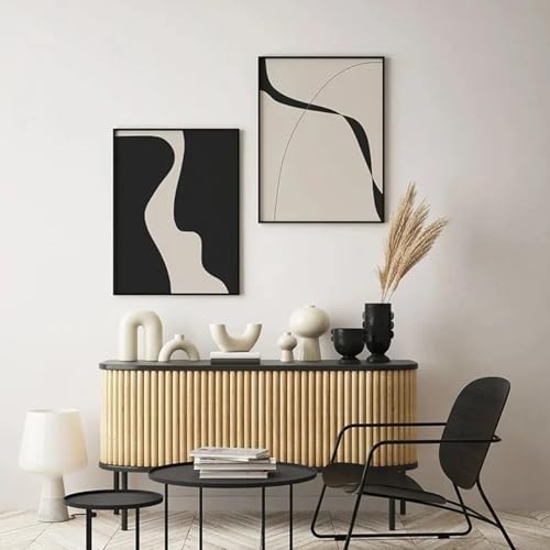 Affiches impressions salon au design abstrait avec toile peinture noir beige chic