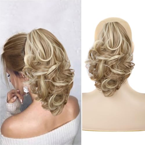 FDEETY 30cm Extension Ponytail Postiche Queue de Cheval Extension de Cheveux Naturel Bouclés Ondulé Synthétiques Claw on Ponytail pour les Femmes (Marron Clair&Doré Clair)