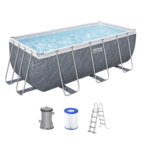 Bestway Power Steel Frame Pool Set mit Filterpumpe 412 x 201 x 122 cm, Marmor-Optik (Schiefergrau), eckig