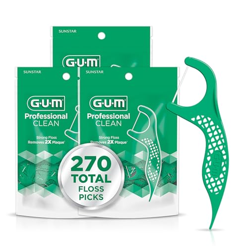 GUM Professional Clean Dental Floss Picks Extra-Strong Shred-Resistant Flossers with Easy-Grip Handle Fresh Mint Flavor 90 Count (Pack of 3) 270 Total