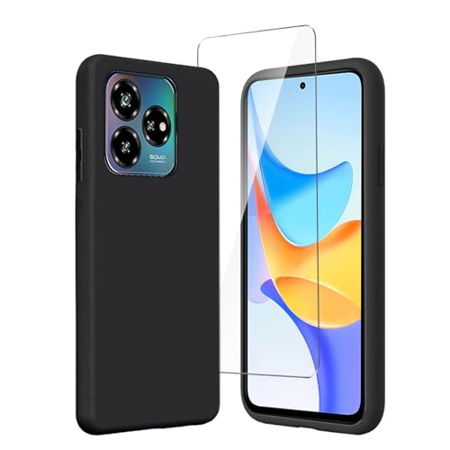 LYZXMY Case for Infinix Smart 8 / Infinix Hot 40i + 1 x Tempered Film Glass Screen Protector - Black Silicone Soft TPU Cover Shell for Infinix Smart 8 / Infinix Hot 40i (6.6")