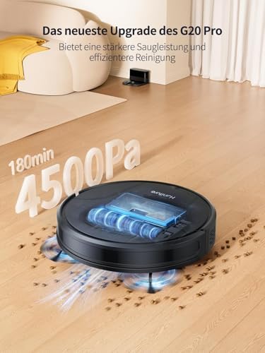 2. Bild von HONITURE Saugroboter mit Wischfunktion,G20 Pro Staubsauger Roboter mit 4500Pa Starke Saugkraft,7,6 cm Roboterstaubsauger mit APP Steuerung 180 Min Laufzeit,Ideal für Tierhaare,Teppiche und Hartböden
