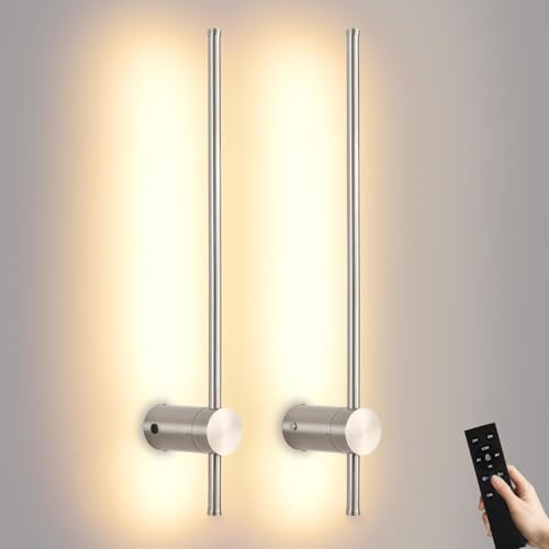 Image of Battery Operated Wall Sconces with Remote, Dimmable 3000K-6000K /Timer /Memory LED Wall Lamp, 350Rotate, USB Rechargeable Wireless wall lights for Living Room, Bedroom Brushed Nickel 23.6 inch(2 Pack)