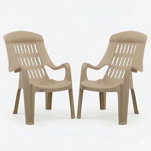 Image of Oaknest Supreme Comfy Relaxing Chair - Ergonomic High-Back Plastic Armchair for Home, Garden, Balcony & Patio | Heavy-Duty, Weather-Resistant & Easy to Clean | Dark Beige | Set of 2