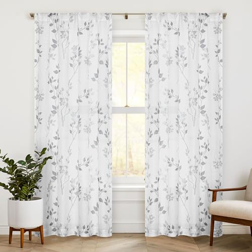 Image of Beauoop Floral Linen Semi Sheer Curtains Living Room Grey 50x96 2 Panels