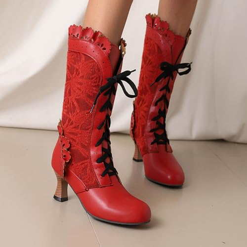 Victorian Boots for Women,Women's Bow Ruffles Goth Boots Costume Lace Up Retro Boot Halloween Witch Stuff Cuban Heel Mid Calf Vintage Shoes2