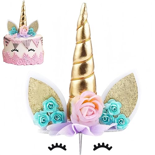 SHSHbuy Decoración Tarta Unicornio,Unicornio Cumpleaños Tarta Decoración para Niños,Adornos de Unicornio Cuerno para Tartas con Pestañas y Orejas Fiesta de Cumpleaños Infantiles Niña Boda Navidad