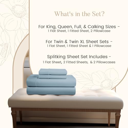 100% Egyptian Cotton Sheets For King Size Bed, 800 Thread Count Deep Pocket King Sheet Set, Elasticated Sheet & Pillowcase Sets, No Pill & Shrink, Soft & Comfy Naturally Cool & Breathable- French Blue