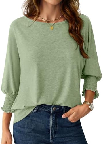 NORACORA Women's 3/4 Sleeve Tops Loose Fit Dressy Casual T Shirts for Women Basic Tees Blouses with Smocked Cuffs