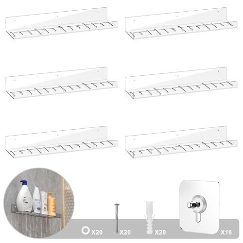 LAZYROSY 6 Pack Floating Shelves – Clear Acrylic/PET Wall-Mounted No Drill Storage with Adhesive, Invisible Bathroom & Bedroom Shelving for Kitchen, Living Room, Transparent Decor