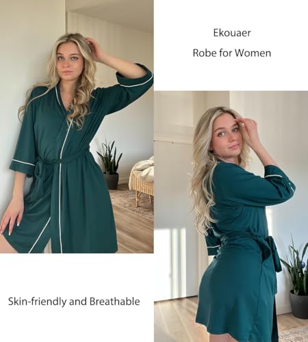 Image of Ekouaer Women Kimono Robes Knee Length Knit Bathrobe Lightweight Soft Sleepwear V-neck Casual Ladies Loungewear