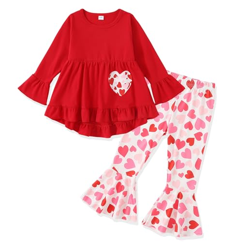 Image of Toddler Girl Clothes Ruffle Long Sleeve Heart Print Tops and Pants 2PC Little Girl Winter Outfits Size (4-7T)