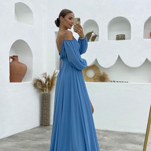 Women's Bridesmaid Dresses with Long Sleeves Spaghetti Strap Split Ruched Wedding Guest Dress with Pockets4