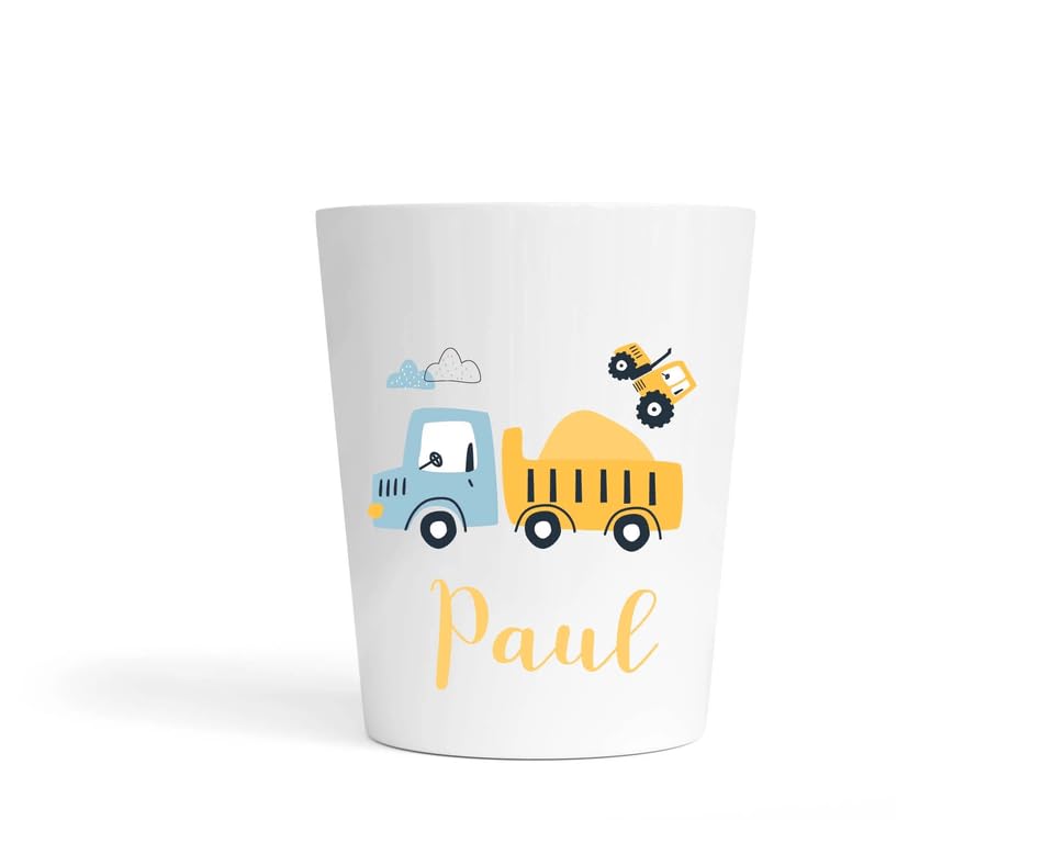 Gobelet Enfant Personnalisé Camion Chantier – Gobelet Incassable 230ml Sans BPA – Prénom École ou Crèche – Tasse Garçon Rentrée Scolaire – Engins de Travaux