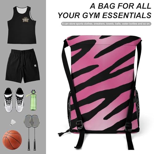 Pink Glitter Zebra Print Drawstring Backpack Sports Gym String Bag Sackpack Water Resistant Pockets for Women Men3