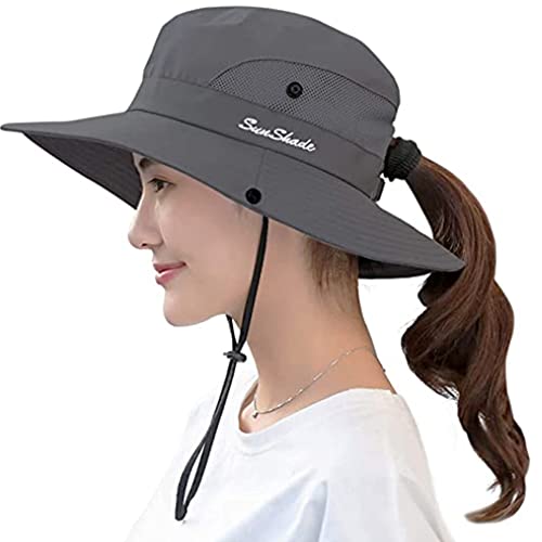 Sun Hats Women Uv-Sheild-Protection Packable With Ponytail Hole (Dark Grey) #TOP7