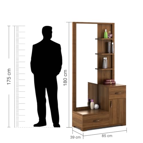 Image of Spacewood Dressing Table | Legend | 3 Year Warranty | 3 Shelves & 2 Drawer, 1 Shutter Storage, Vanity Table for Bedroom, Living Room, and Home| Engineered Wood | Natural Teak