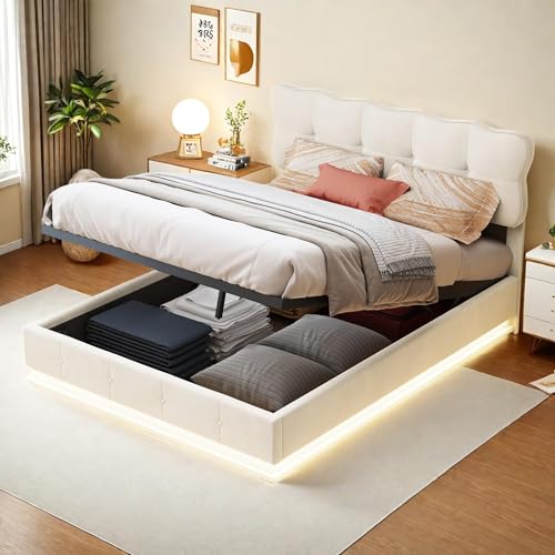 Zorvani Cama de matrimonio de 140 x 200 cm con contenedor e iluminación LED, cama acolchada con somier de láminas, cama de una plaza y media, fácil de montar, sin colchón