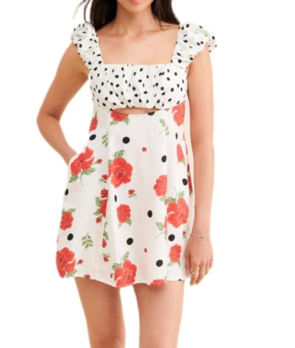 Image of NUFIWI Y2K Ruffle Hem Babydoll Mini Dresses Square Neck Spaghetti Strap Short Dresses Boho Flowy Patchwork Sundress Vocation