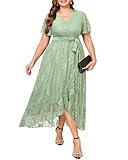 Women's Sage Green Dress Plus Size Formal Wedding Guest Cocktail Wrap V Neck High Low Long Lace Dresses with Belt