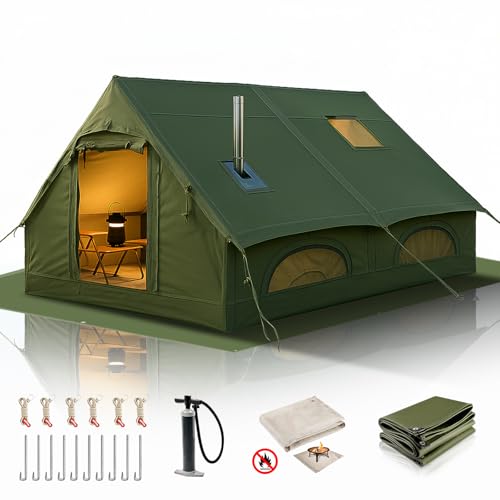 13' x 10' Inflatable Tents for Camping 8-10 Person, 4 Season Blow Up Tents with Waterproof pad, Easy Set-Up Glamping Inflatable Hot Tent with Stove Jack for Camping Outdoors